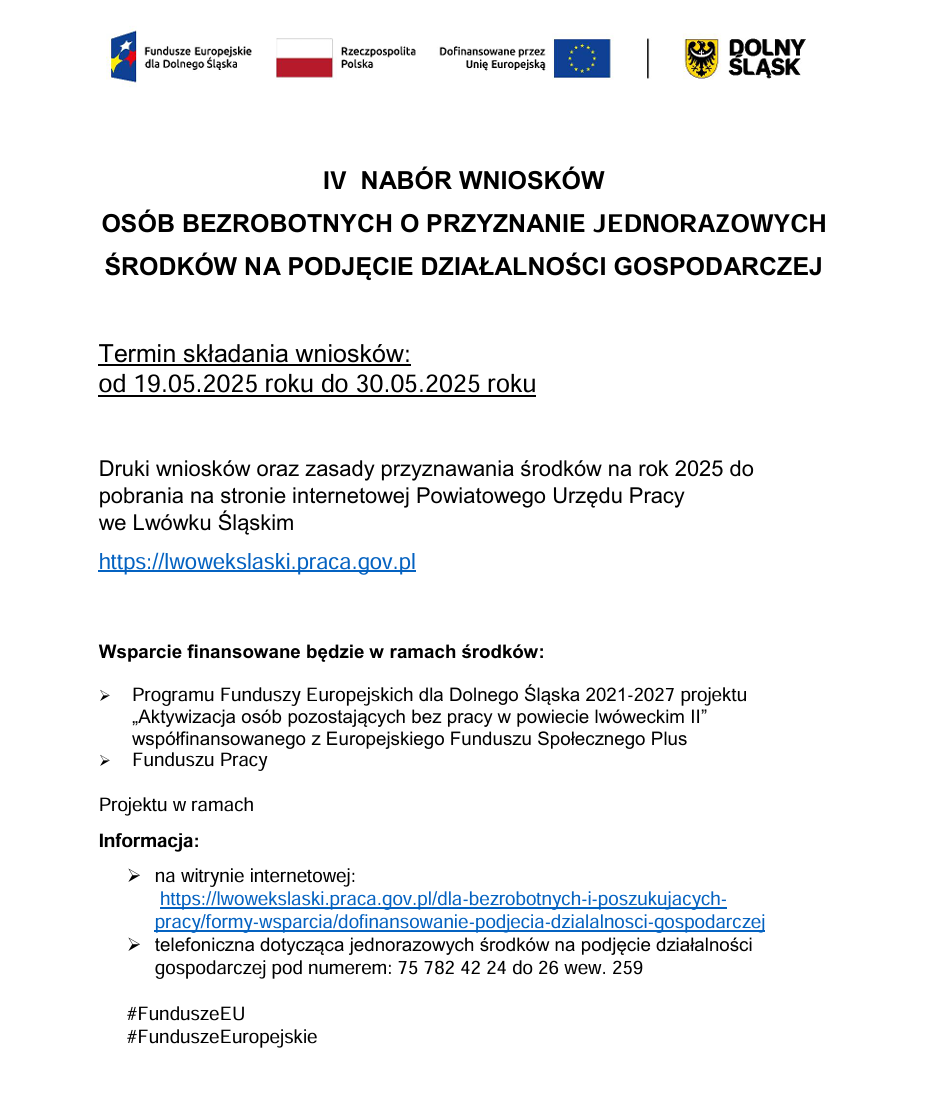 Zdjęcie artykułu IV NABÓR WNIOSKÓW OSÓB BEZROBOTNYCH O PRZYZNANIE JEDNORAZOWYCH ŚRODKÓW NA PODJĘCIE DZIAŁALNOŚCI GOSPODARCZEJ