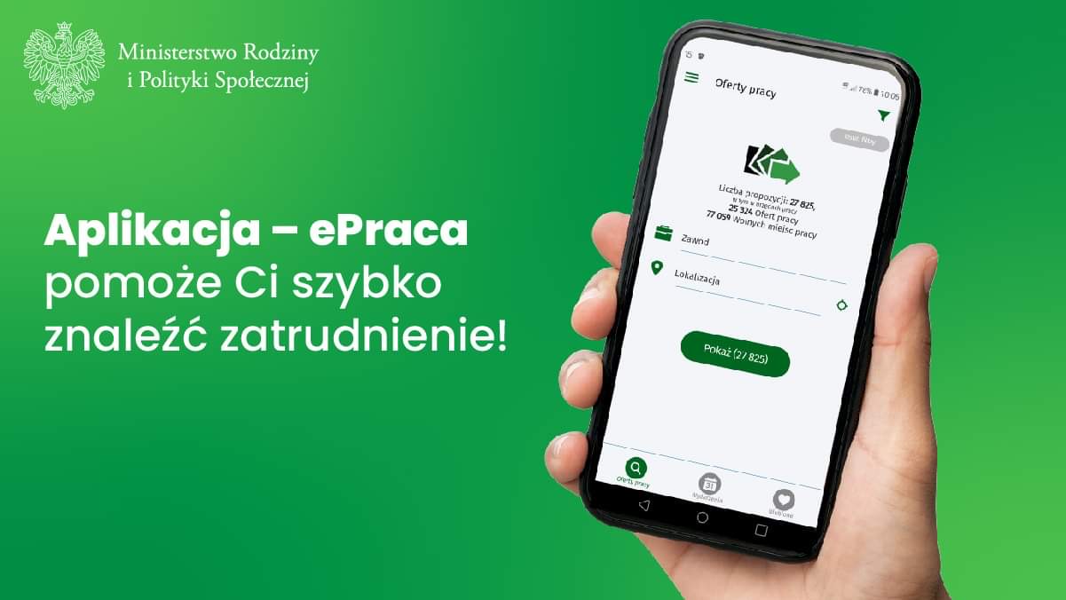 ePraca - logo aplikacji, banery, informacje informujący o funkcjach aplikacji.