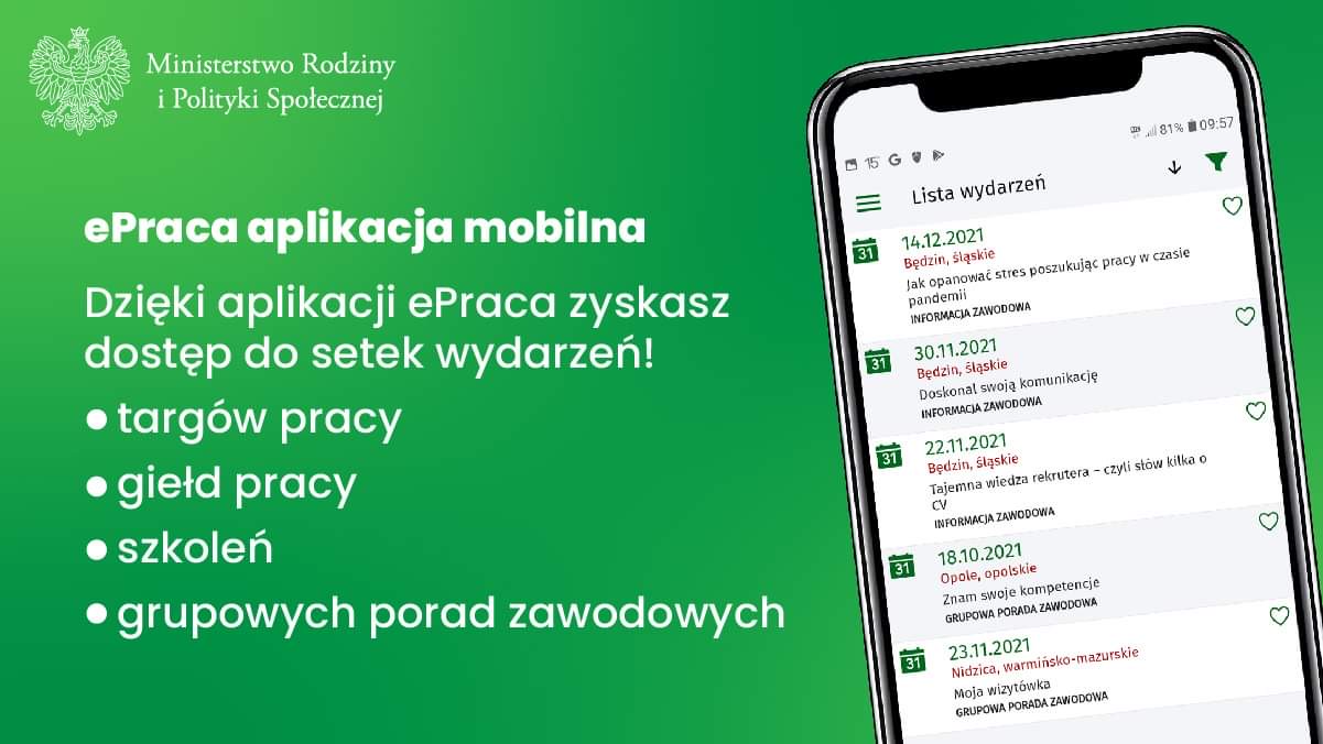 ePraca - logo aplikacji, banery, informacje informujący o funkcjach aplikacji.