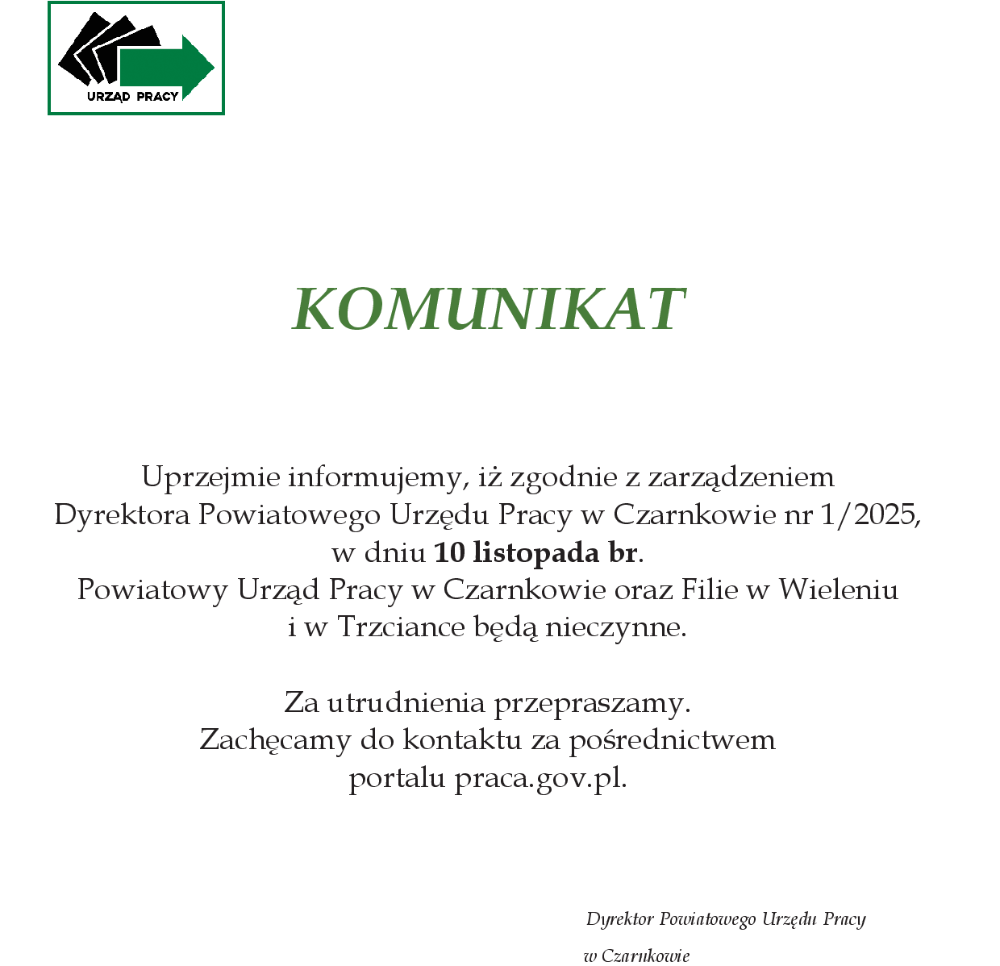 Komunikat informujący, że 10 listopada 2025 urząd będzie nieczynny